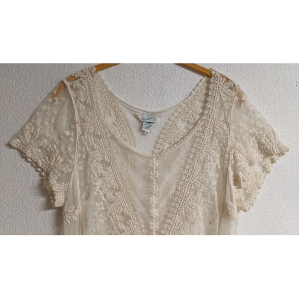 SUNDANCE Ivory Floral & Lace Short Sleeve Scoop Neck Tunic Top Medium - Picture 2 of 7